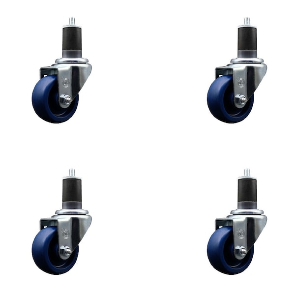 3'' SS Solid Poly Wheel Swivel 1-5/8'' Expanding Stem Caster Set, 4PK
